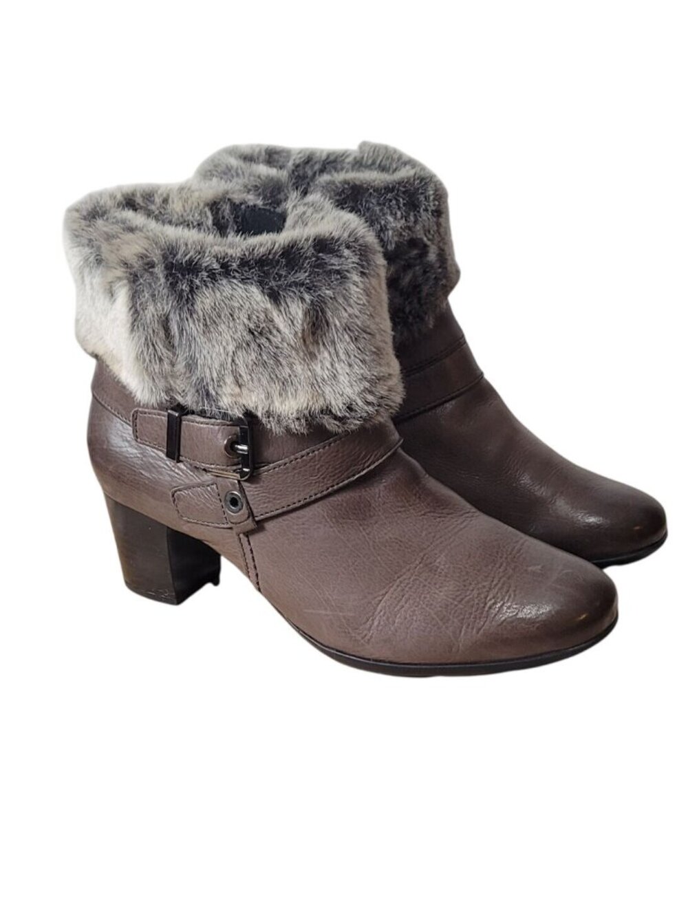 Mephisto Pewter/Grey Leather Ankle Boots With Faux Fur Cuff & Side Zip Cabincore